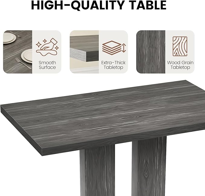46" Dining Table for 4, Modern Rectangular Dining Room Table with Sturdy Pedestal Base, Thickened Tabletop, MDF Grey Wood Finish Kitchen Table for Breakfast Nook, Home & Apartment