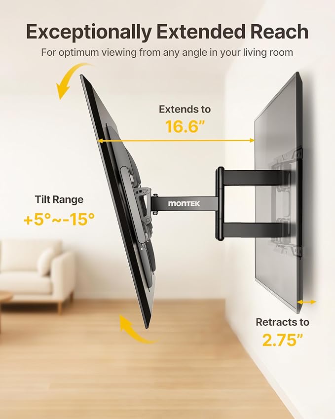 monTEK Heavy Duty TV Wall Mount for 37-90 inch TV up to 165lbs, 4X Load Tested, Full Motion with Dual Articulating Arms, Tool-Free Tilt, Swivel & Extend, VESA 200x100 to 600x400, Fits 12“/16" Studs