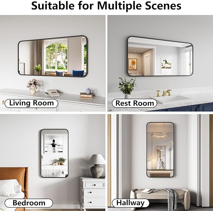 Koonmi Bathroom Mirror, 24X48 Inch Black Metal Framed Mirror for Bathroom, Tempered Glass, Anti-Rust, Rounded Rectangle Mirror for Restroom, Bedroom, Black