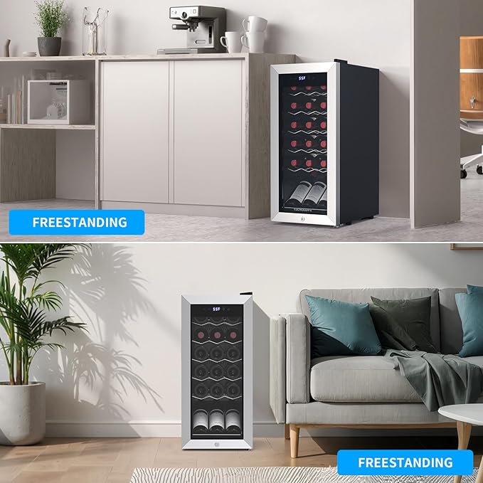 18 Bottle Wine Cooler with 41-68℉ Digital Temperature Control Stainless Steel 1.7 Cu.Ft LED Light undercounter Glass Door Compressor Small Compact for Red, White and Champagne Beer
