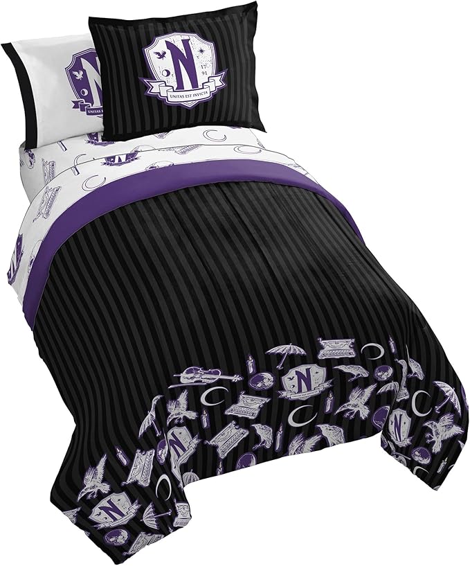 Jay Franco Wednesday Addams Full Comforter Set - 7 Piece Bedding Includes Sheet Set & Pillow Covers - Black and Grey Stripes Super Soft Kids Bedding