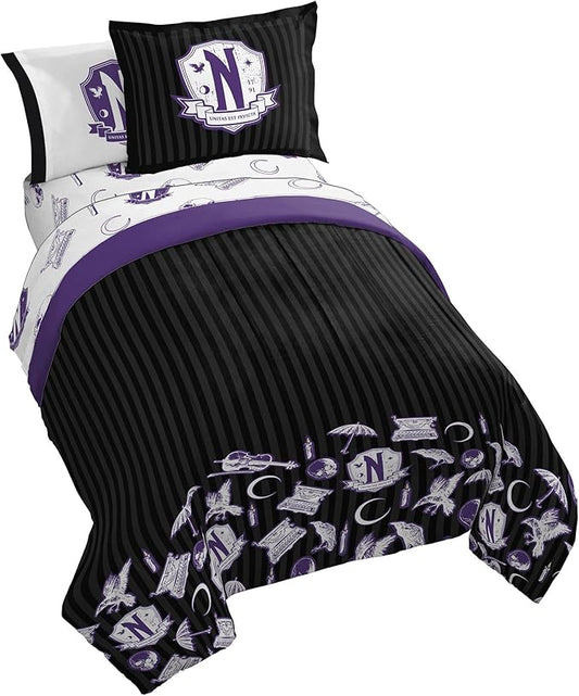 Jay Franco Wednesday Addams Full Comforter Set - 7 Piece Bedding Includes Sheet Set & Pillow Covers - Black and Grey Stripes Super Soft Kids Bedding