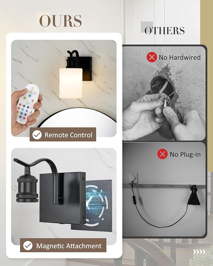 1-Light Bathroom Wall Sconce, Matte Black Modern Wall Light Fixture with Frosted Glass Shade RGB Bulb, RGB 12 Colors Modes Rechargeable Wall lamp for Bedroom Living Room, ZCVL01BK-1B