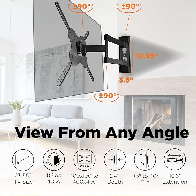 ProMounts Articulating/Full Motion TV Wall Mount for Most 23-60 Inch Curved, Flat Screen, LED, LCD, OLED, Plasma TVs, Holds up to 88 lbs. Max VESA 400x400
