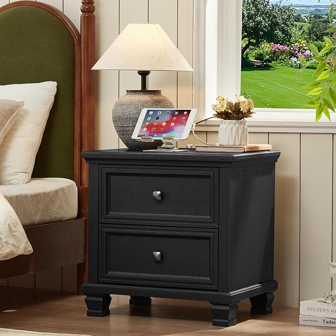 Farmhouse Nightstand Set of 2, Rustic Low Nightstands with 2 Drawers & Charging Station, Vintage Night Stands with 4 Square Solid Wood Legs, Small Dresser for Bedroom, Home, Black