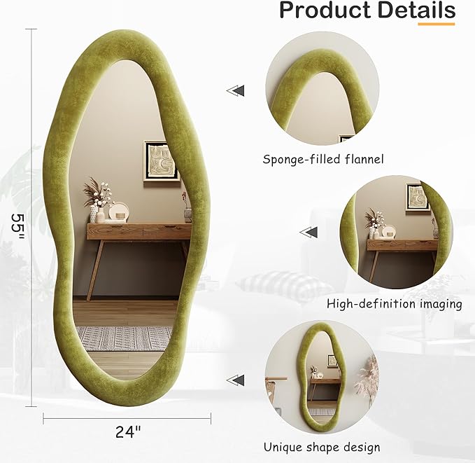 Honyee 55" x 24" Wavy Mirror, Flannel Wrapped Wooden Frame, Irregular Hanging for Cloakroom/Bedroom/Living Room, Green