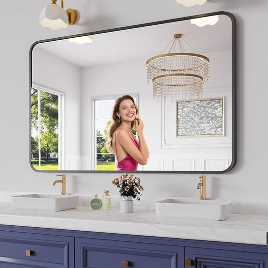 Koonmi Bathroom Mirror, 36X55 Inch Black Metal Framed Mirror for Bathroom, Tempered Glass, Anti-Rust, Rounded Rectangle Mirror for Restroom, Bedroom, Black