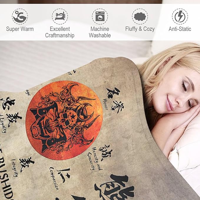Samurai Warrior Throw Blanket - Japanese Gifts for Boys Men Kids Adults - Soft Warm Cozy Fleece for Couch Sofa Bed 40"x50"
