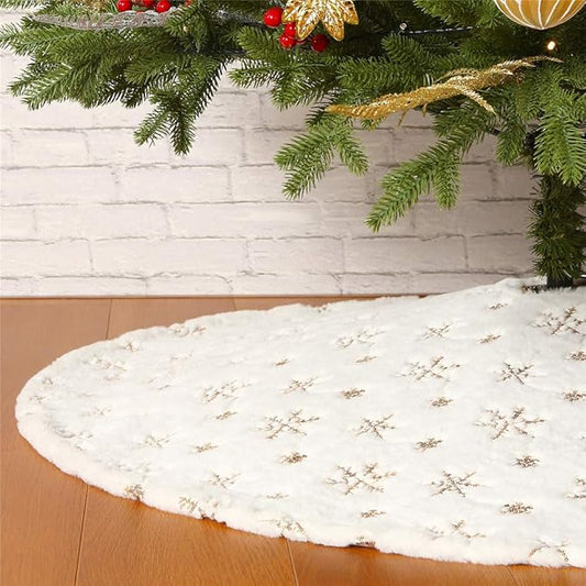 Sattiyrch Sequin Christmas Tree Skirt with Golden Snowflakes,Faux Fur White Soft Christmas Decorations for 4FT 5FT Xmas Tree（Golden Sonwflakes,30in ）