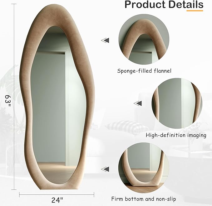 Honyee Full Length Mirror, 63" x 24" Wall Mirror, Flannel Wrapped Wooden Frame Floor Mirror, Irregular Wavy Mirror Hanging or Leaning Against Wall for Cloakroom/Bedroom/Living Room, Milk Tea