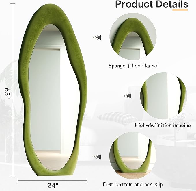 Honyee Full Length Mirror, 63" x 24" Wall Mirror, Flannel Wrapped Wooden Frame Floor Mirror, Irregular Wavy Mirror Hanging or Leaning Against Wall for Cloakroom/Bedroom/Living Room, Green