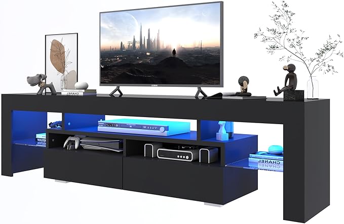 TV Stand with 16 Color LED Lights, Media Console with Drawer and Glass Open Shelf for 90/100 inch TV, Modern Gloss Entertainment Center for Living Room Bedroom, Black