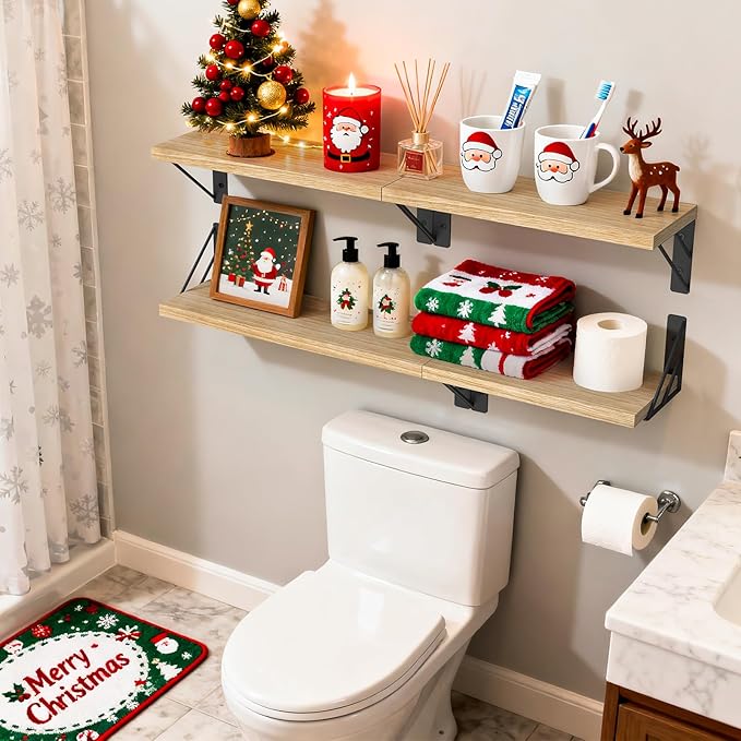 BAYKA Wall Shelves for Bedroom Decor, Floating Wall Shelves for Living Room Kitchen Storage, Wall Mounted Rustic Wood Floating Shelves for Kids Books, Corner Shelves for Bathroom(Brown，Set of 3)