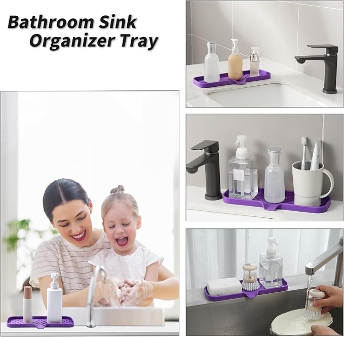 Silicone Bathroom Soap Dishes with Drain Spout-Bathroom and Kitchen Sink Organizer,Sponge Holder,Dish Soap Tray,Perfect for Dispenser,Scrubber,Bottle,Cup on Sink or Counter-Purple 12"×4"