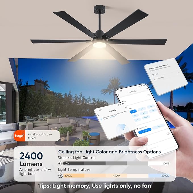 66" Outdoor Ceiling Fan with Light Remote, Wifi Smart Ceiling Fan with Light Alexa, Noiseless Reversible DC Motor, High CFM Damp Rated Ceiling Fans for Patios Porch Living Room Garage, Modern Black