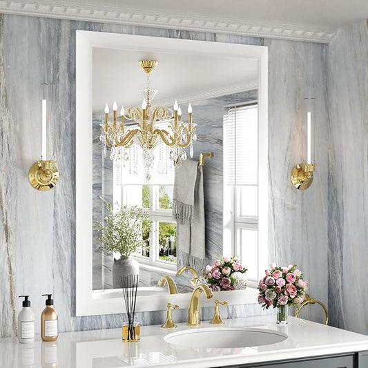 Amorho Bathroom Mirror, 28x36 Inch White Thick Metal Framed Wall Mirrors for Over Sink, Bedroom, Living Room, Entryway, Rectangle Wall-Mounted Mirrors(Horizontal/Vertical).
