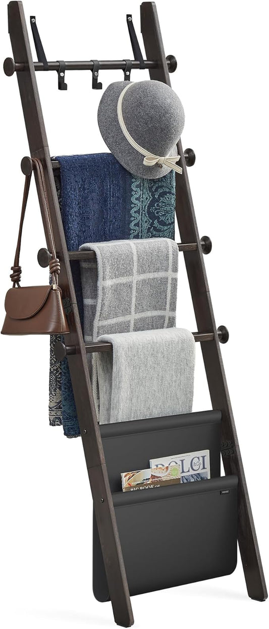 VASAGLE Blanket Ladder for Living Room, 5-Tier Wooden Ladder Shelf, Decorative Farmhouse Blanket Rack with Synthetic Leather Bag, Metal Hooks, Side Hooks, for Bedroom, Ink Black ULLS022B01