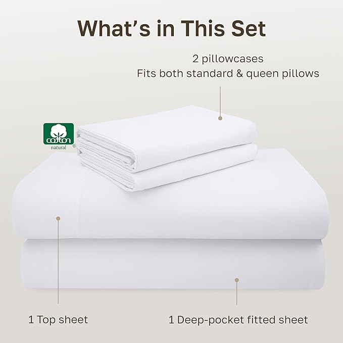 California Design Den Full Size Bed Sheets Set - Luxury 600 Thread Count 100% Cotton Sateen, Cooling Sheets, Deep Pockets with All Around Elastic for a Snug Fit, Hotel Quality Bedding Set - White