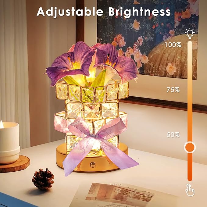 Purple Morning Glory Flower Table Lamp, Artificial Flowers Birthday Gifts for Women Mom Grandma Sister, Rechargeable Battery Powered Cordless Touch Crystal Night Light, Kitchen Bedroom Office Decor