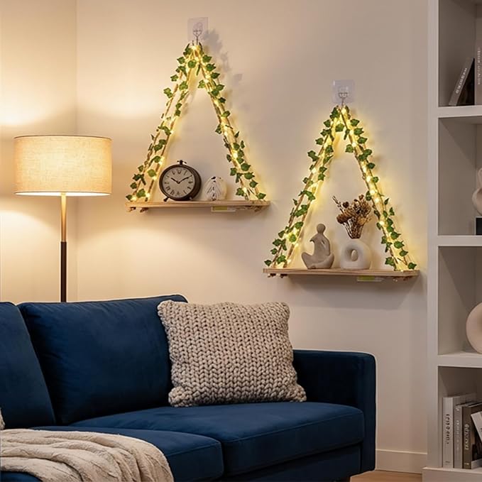 RICHER HOUSE Artificial Ivy LED-Strip Wall Hanging Shelves Set of 2, Macrame Shelf no Drilling for Living Room Decor, Bedroom, Kitchen, Wood Hanging Plant Shelves for Wall Décor