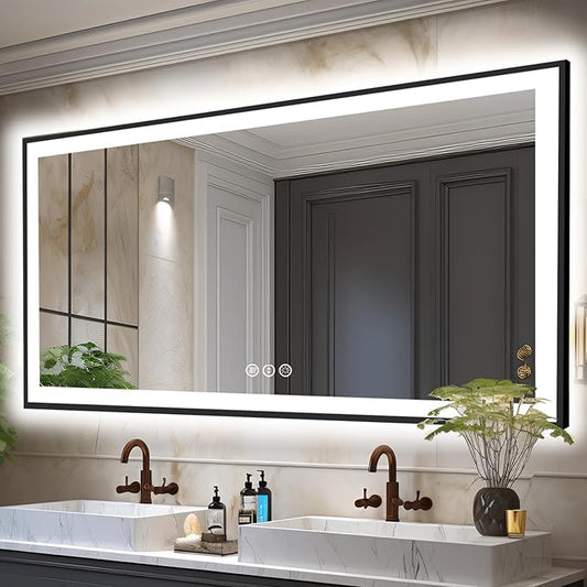 84x32 LED Bathroom Mirror, Black Aluminum Framed, Backlit + Front-Lit, 3 Colors Temperature Changeable, Dimmable Vanity Mirror, Tempered Glass, Defog, Waterproof, Memory (Horizontal/Vertical)