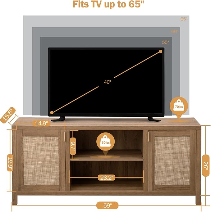 SICOTAS TV Stand for Living Room : Rattan TV Console Cabinet with Storage and Shelf, Boho Entertainment Center, 59" Media Console for 55, 65 Inch TV, 26" Tall Television Stands, Oak
