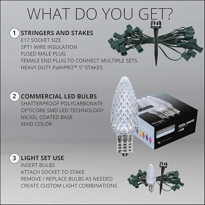 Wintergreen Lighting 50’ OptiCore LED Cool White Christmas Pathway Lights, C9 Outdoor White Christmas Lights, 4.5” Stakes, Green Wire Plug String Lights
