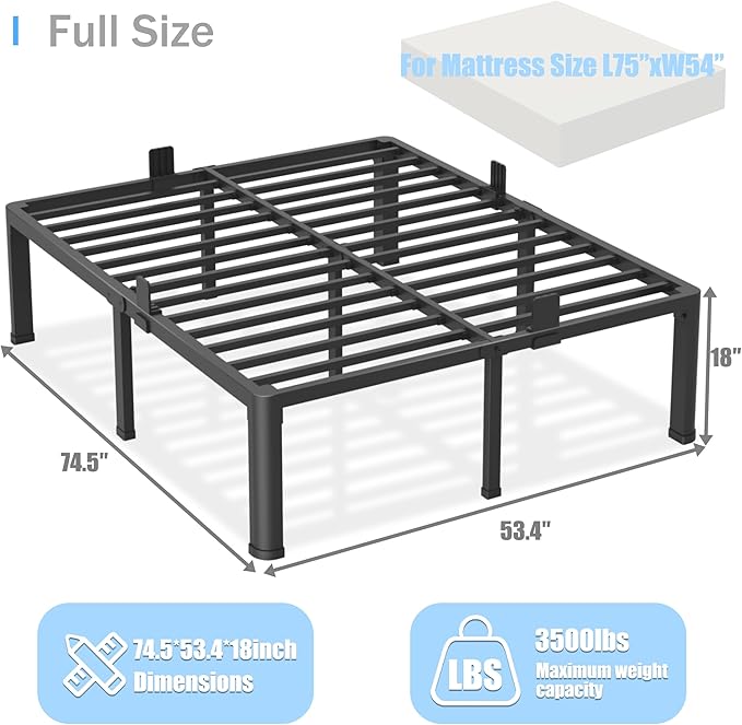 18 inch Full Size Bed Frame with Round Corner Legs Mattress Slide Stopper,3500 lbs Heavy Duty Metal Platform,Steel Slat Support,No Box Spring Needed,Easy Assembly,Noise Free