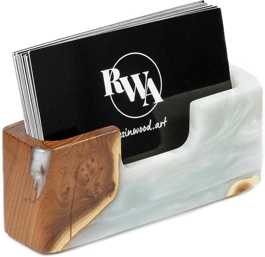 RWA Business Card Holder – Luxury Square Desk Organizer, Stylish Office Decor, Slim Card Holders - Wood & Epoxy Card Display Stand for Men and Women, Office Desk Accessories - SMART, platinum