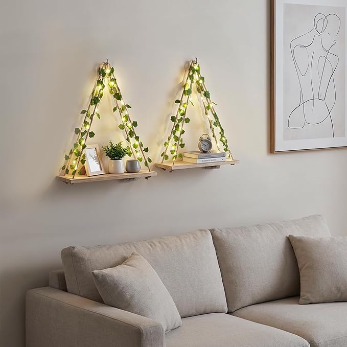 RICHER HOUSE Artificial Ivy LED-Strip Wall Hanging Shelves Set of 2, Macrame Shelf no Drilling for Living Room Decor, Bedroom, Kitchen, Wood Hanging Plant Shelves for Wall Décor