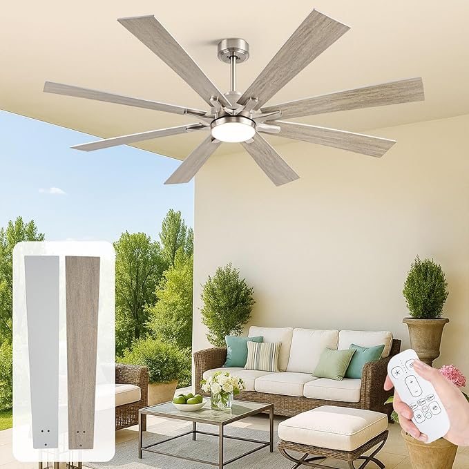 62 Inch Outdoor Ceiling Fan with Light, Modern Industrial Lighting & Ceiling Fans for Patios Porch Garage, Large Ceiling Fan with High CFM Reversible Energy Efficient DC Motor, Silver/Oak Dual Finish