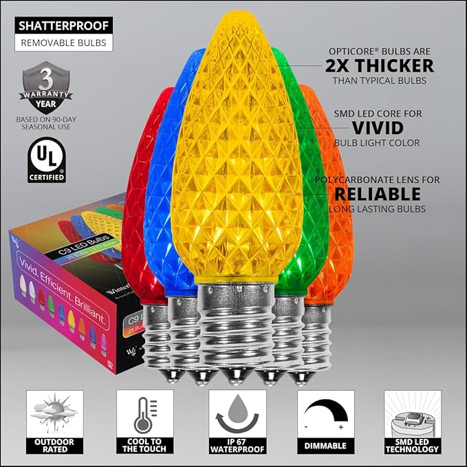 Wintergreen Lighting 50' OptiCore LED C9 Multicolor Pathway Christmas Lights, Heavy Duty Bulbs for Driveway, Walkway Marker, 5" Commercial PathPRO Stakes, 18 Gauge Green Wire