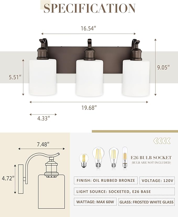 3 Light Bathroom Vanity Light, Morden Vanity Lighting Fixtures Over Mirror Oil Rubbed Bronze Bathroom Sconces Wall Lighting with Milky White Frosted Shade ZCVL01ORBW-3