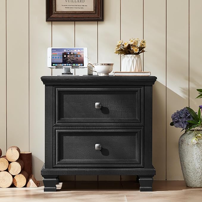 Farmhouse Nightstand Set of 2, Rustic Low Nightstands with 2 Drawers & Charging Station, Vintage Night Stands with 4 Square Solid Wood Legs, Small Dresser for Bedroom, Home, Black