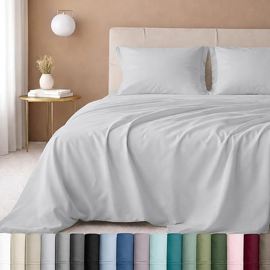 California Design Den Hotel Quality Twin Size Sheets Set - Luxury 600 Thread Count Sateen, Natural 100% Cotton, Fully Elasticized Deep Pocket Twin Sheets Set Cotton, Cool and Durable - Light Silver