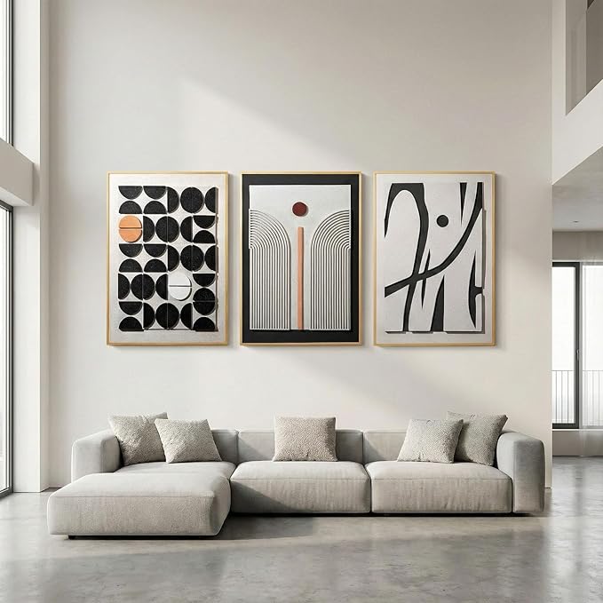 Framed Abstract 3D Textured Wall Art for Living Room, 3 Piece Modern Geometric Artwork for Walls, Boho Black White Texture Pictures for Bedroom Dining Room Office Wall Decor 20x30 In