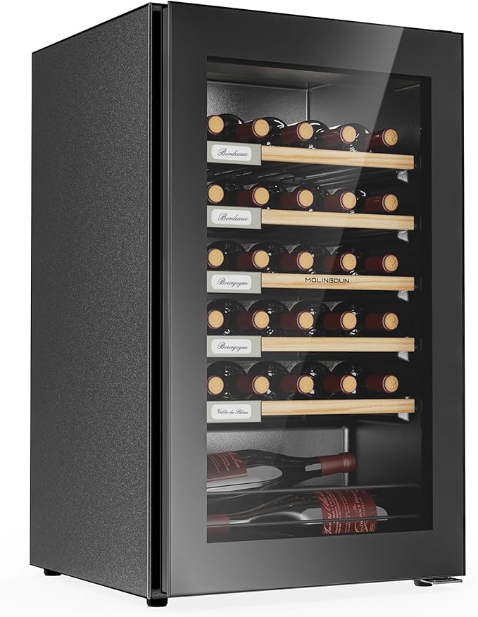 Wine Fridge, 33 Bottles Freestanding Wine Cooler, Intelligent Compressor, Frost Free, Glass Door, 41-64℉ Adjustable Digital Temperature Control, for Red, White, Champagne or Sparkling Wine