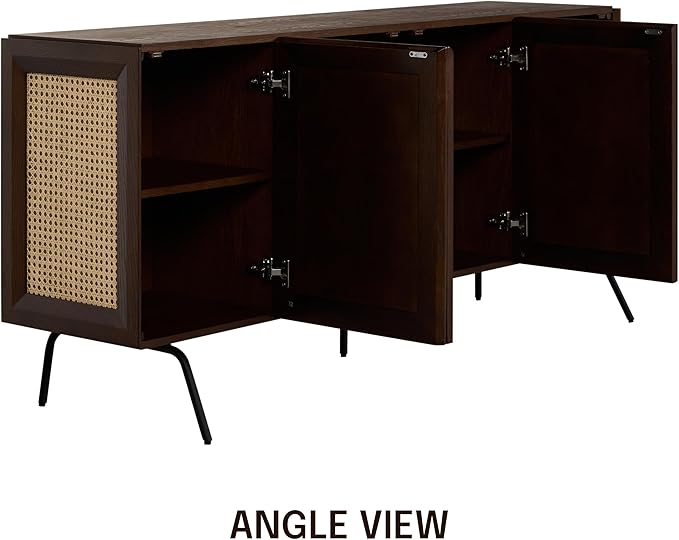 NTC MOSSIC Modern Sideboard with 4 Doors, Natural Rattan Storage Cabinet, Buffet with Metal Legs, Boho Accent Cabinet for Living Room, and Entryway, Effortless Assembly - Dark Walnut