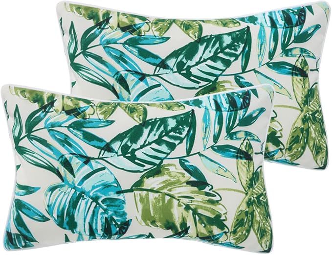 Waterproof Outdoor Lumbar Pillow Covers Set of 2,Home Decor for Garden Patio Furniture,Couch,Sofa 12"x20" Inch Decorative Pillows Cover Only,NO Insert(Palm Leaf)