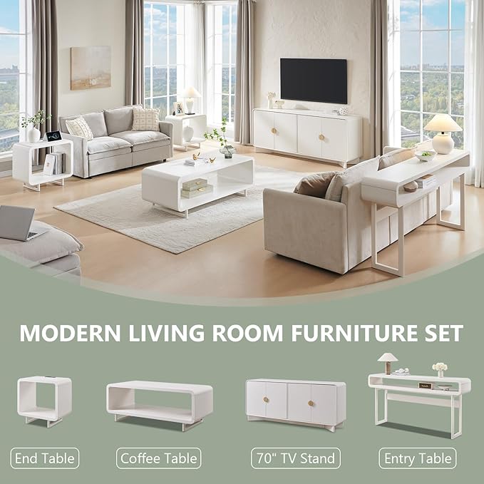 70" Modern TV Stand for TVs Up to 80 inches, 30" Tall Entertainment Center with Storage and Adjustable Shelves, TV Console with Curved Profile Design, Media Console for Living Room, White