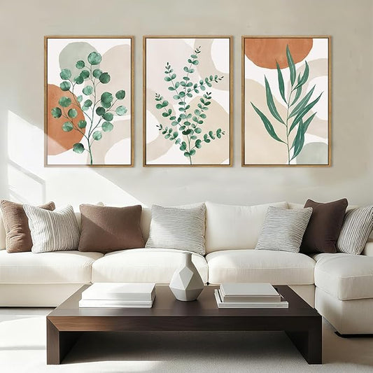 Anyzal Framed Boho Botanical Wall Art Large 16x24 Inch Abstract Green Plant Canvas Wall Decor Bohemian Modern pictures Painting for Living room Bedroom Dining room Set of 3