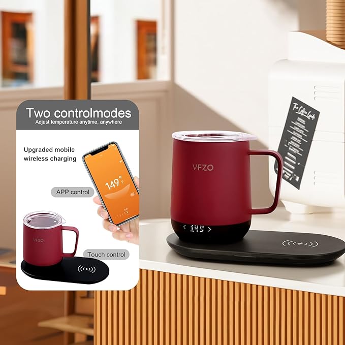 Temperature Control Smart Mug, Self Heating Coffee Mug LED Display, 180 Min Battery Life - Hot up to 149℉ Fast Wireless Charger Base Improved Design coffee serving sets (12oz, Burgundy)