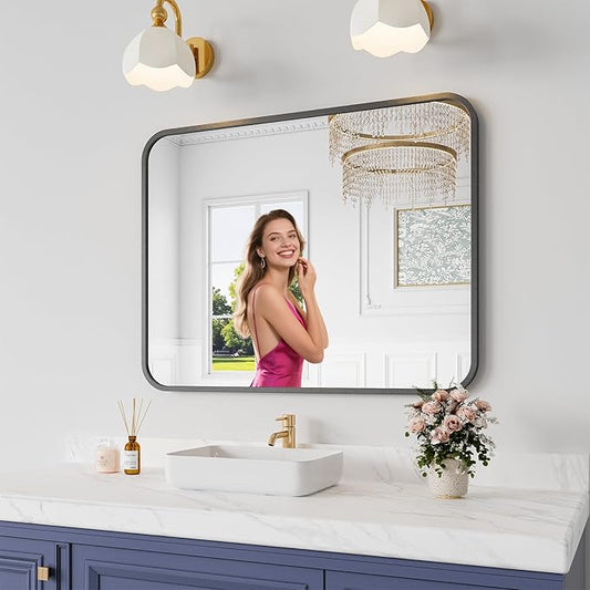Bathroom Mirror, 28X32 Inch Black Metal Framed Mirror for Bathroom, Tempered Glass, Anti-Rust, Rounded Rectangle Mirror for Restroom, Bedroom, Black