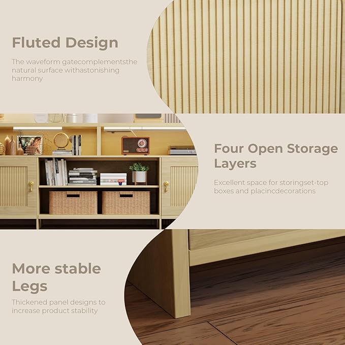 Fluted TV Stands for 70/75/80/85 Inch TV, TV Stand with LED Light and Open Storage Shelf, Mid Century Modern TV Stand with Outlet, Blister Door, Wood TV Cabinet for Living Room, Natural Oak