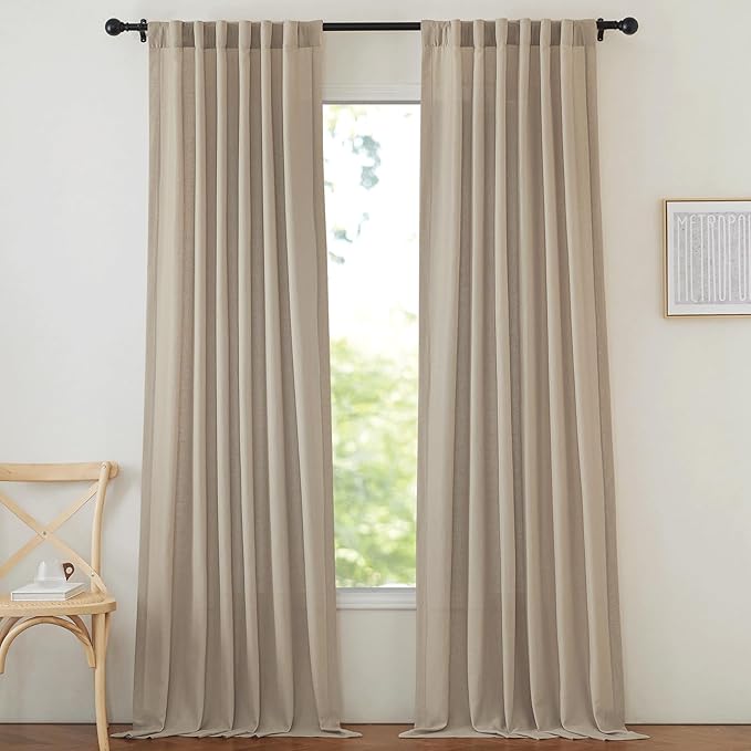 NICETOWN Thick Linen Curtains for Farmhouse 90 inches Long, Pinch Pleated Curtains Flax Linen Privacy with Light Filtering Window Treatments for Bedroom/Boys Room, Taupe, W50 x L90, 2 Panels