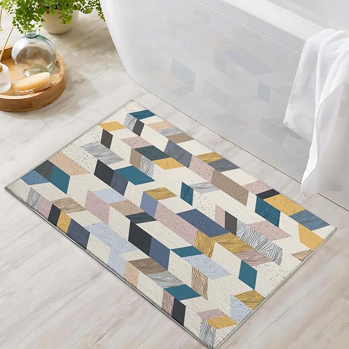 Bathroom Rug 3x5 Entryway Geometric Collage Mat Wooden Floor Texture Modern Area Rug Boho Western Machine Washable Soft Rug Carpet for Entrance Beside Living Room Bedroom Kitchen Office Indoor