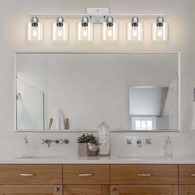 Modern Brushed Nickel 6 Light Bathroom Light Fixtures,38 inch Vanity Lights for Bathroom with Clear Glass, Vanity Light for Mirror Kitchen Living Room Hallway Cabinet Porch