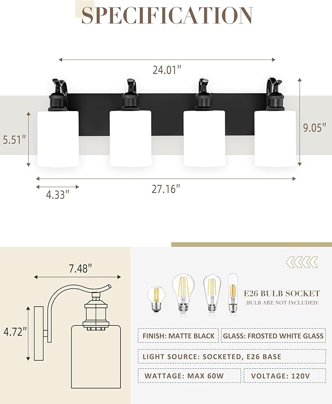 Black Vanity Light, 4-Light Bathroom Light Fixture, Modern Wall Sconce with Milk Glass, VL01BKW-4
