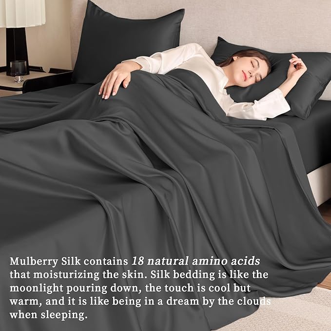 THXSILK Silk Sheet Set 4Pcs, 6A+ Top Grade 100% Pure Mulberry Silk Bed Sheets Ultra Soft Durable Luxury Bedding Sets Cooling, 1 Fitted Sheet, 1 Flat Sheet and 2 Pillowcases (Twin, Black)