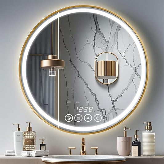 24 Inch Wall-Mounted Round Bathroom Mirror with LED-Lights - Frame Vanity Mirrors (24" x 24", Gold)